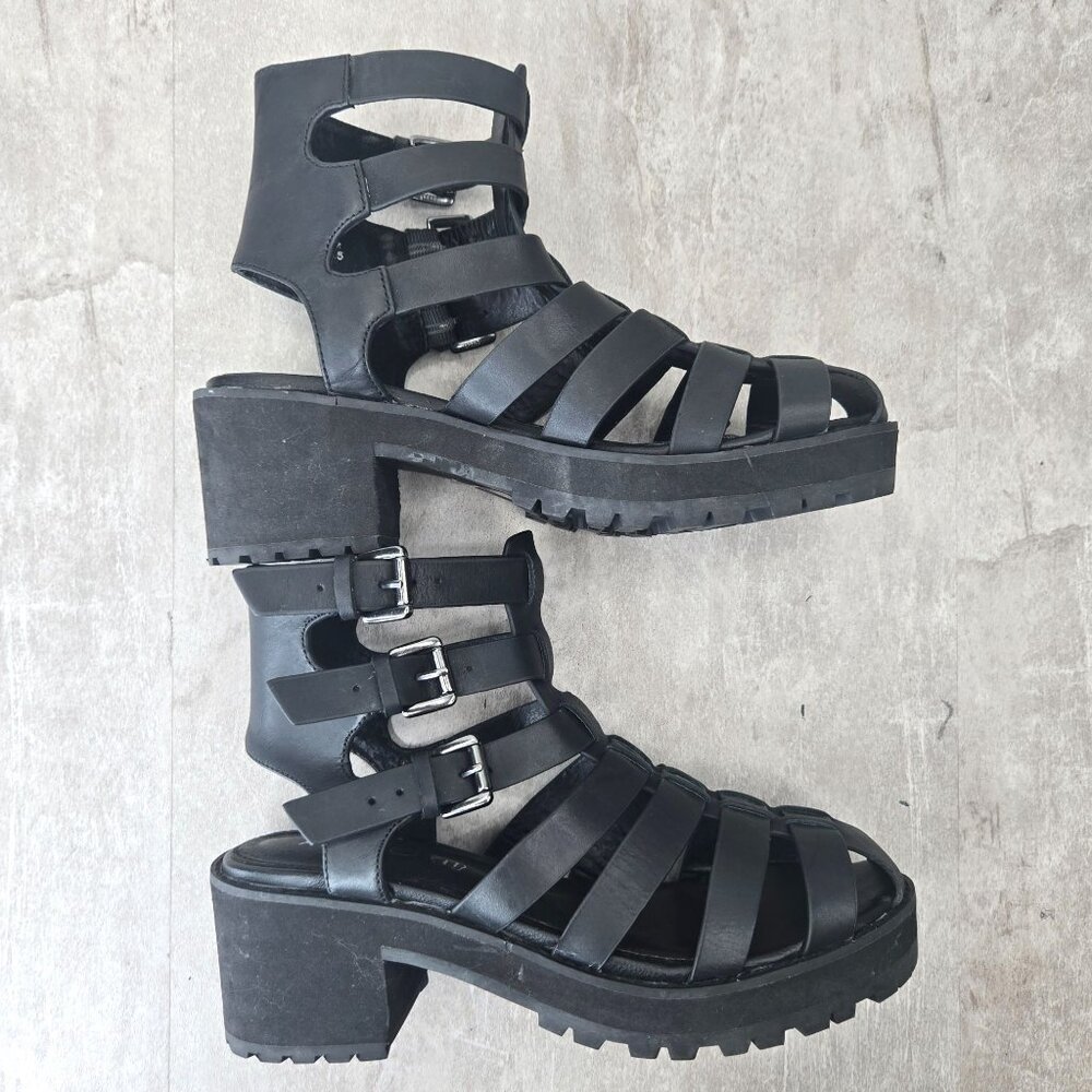 Aldo Fisherman Sandals Sz 7 Black Leather Grunge Goth Strappy Caged Chunky Lug - Picture 5 of 12